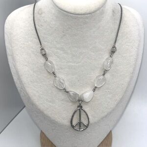 Vintage Lucky Brand Silvertone Quartz Necklace Peace Sign Pendant Boho Hippie